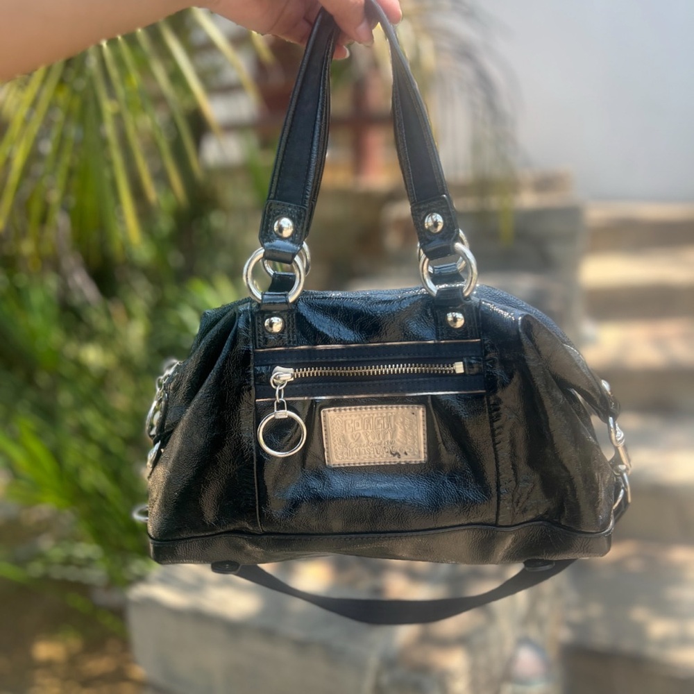 Glossy Black Patent Satchel with Silver Accents - Women Bags Satchels
